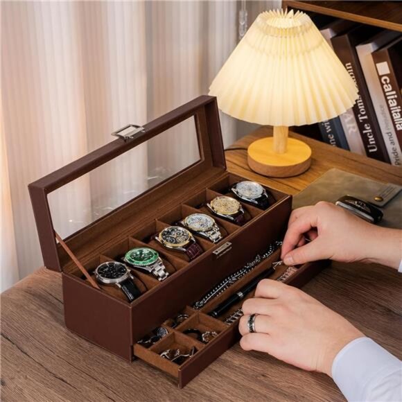 Watch Box for Men, 6 Slot Watch Display Case with Drawer - Picture 6 of 7